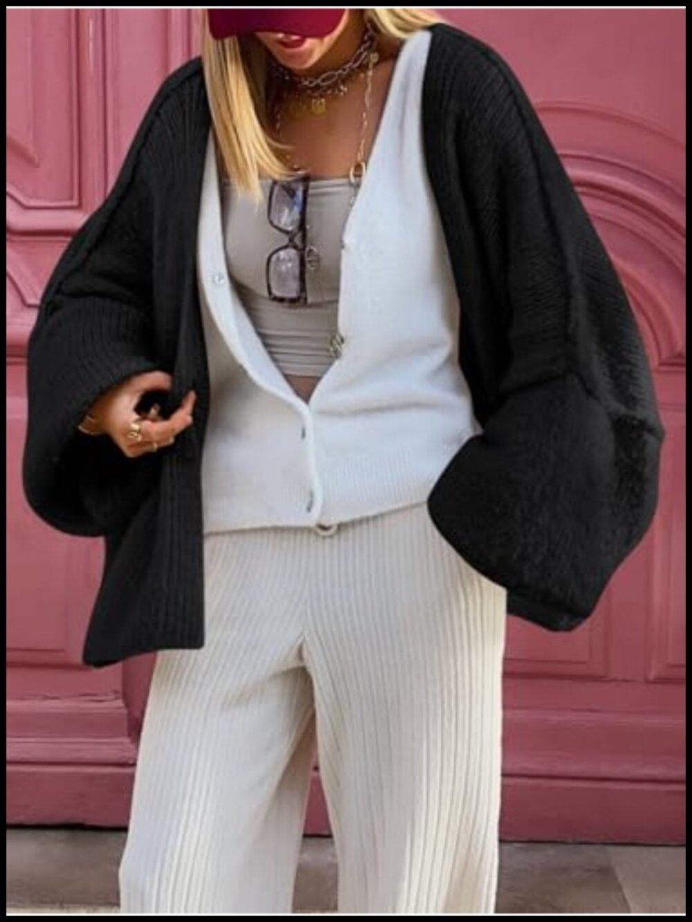 Chunky Knit Oversized Cardigan Women Long Lantern Sleeve V-Neck Cozy Fall - Picture 2 of 5